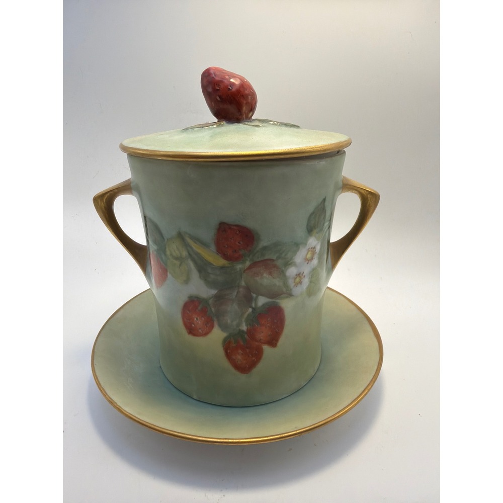Hand Painted Strawberry Porcelain Biscuit Jar Signed E Spradling Gold Trim Set